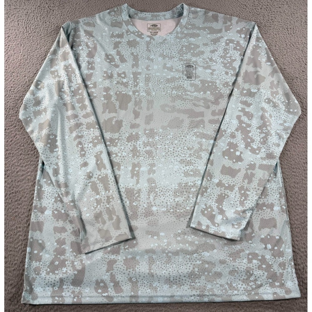 AFTCO Shirt Men's 2XL Blue Gray Camo Performance Fishing Long Sleeve Round Neck